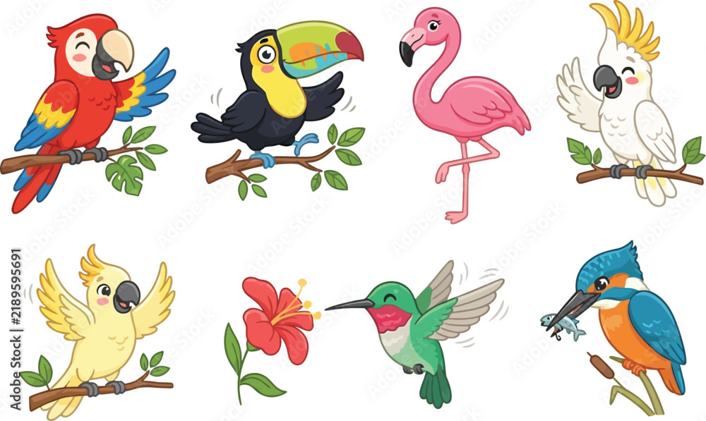 Obraz premium A collection of colorful cartoon tropical birds including parrots toucans and hummingbirds.
