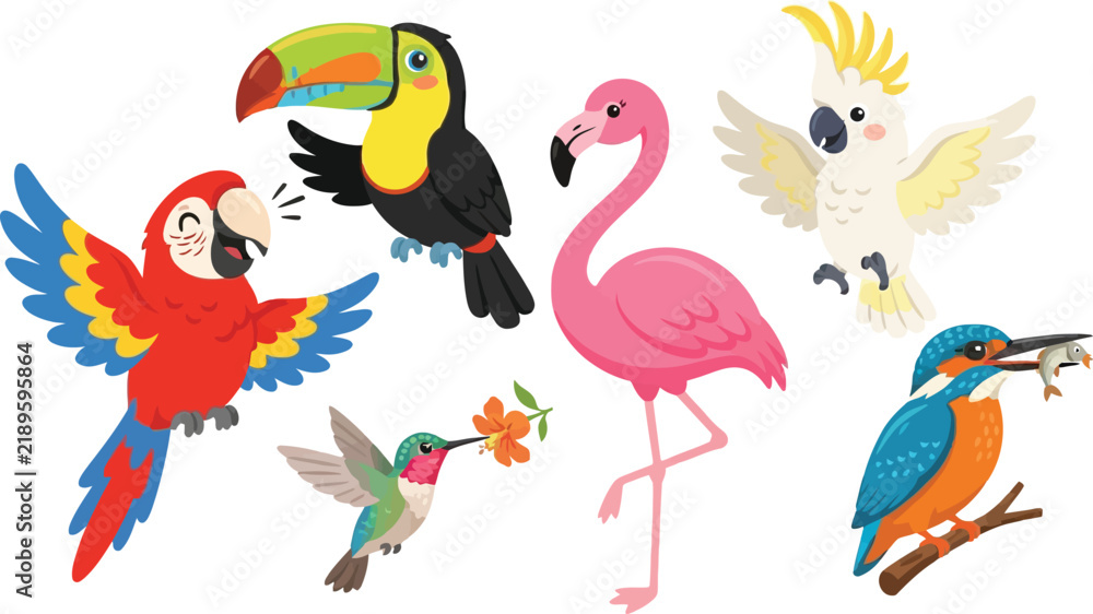 Obraz premium A collection of colorful tropical birds including a parrot toucan flamingo and hummingbird.