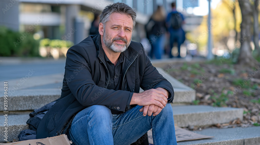 Obraz premium Middle aged homeless man sitting quietly on city steps beside a cardboard sign asking for help, urban buildings and pedestrians in soft background, homelessness and economic hardship concept, housin