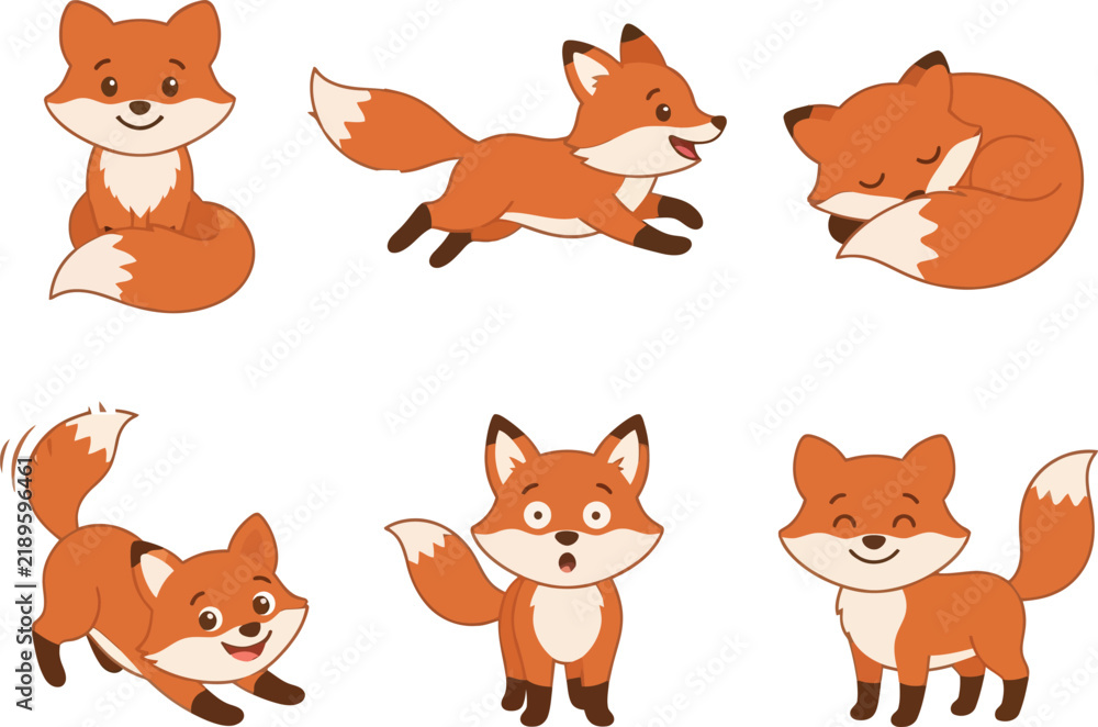 Fototapeta premium A collection of six cute cartoon foxes in various poses and expressions.