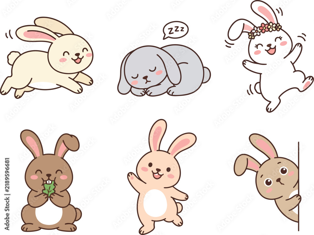 Fototapeta premium A collection of six cute cartoon rabbits in various poses and expressions.
