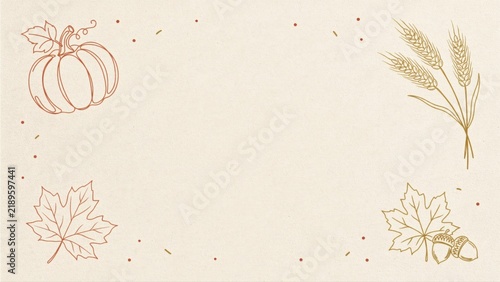 Autumn harvest border with pumpkin, wheat, maple leaves, and acorns