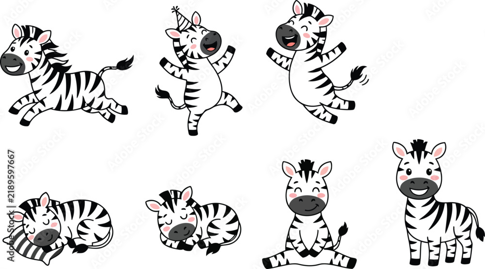 Obraz premium A collection of cute cartoon zebra characters in various poses and expressions.