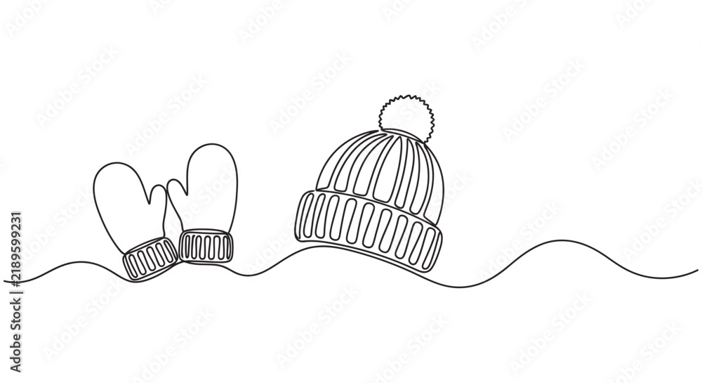 Obraz premium Continuous line drawing of a winter hat and mittens on a white background