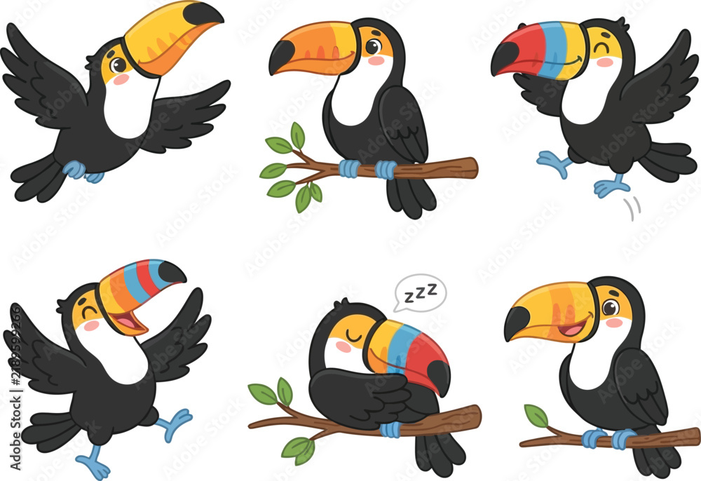 Obraz premium Set of cute cartoon toucan birds in various poses and expressions.