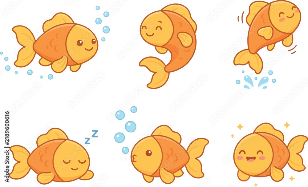 Obraz premium A collection of six cute cartoon goldfish in various poses and expressions.