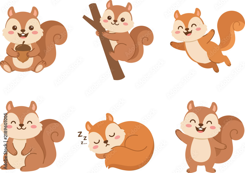 Naklejka premium Set of cute cartoon squirrels in various poses and activities.