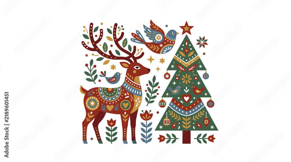 Fototapeta premium Folk Art Christmas Deer and Tree Illustration