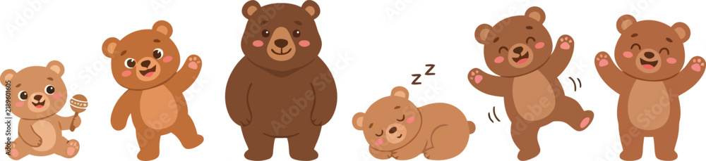 Obraz premium A collection of cute cartoon brown bears in various playful poses and expressions.