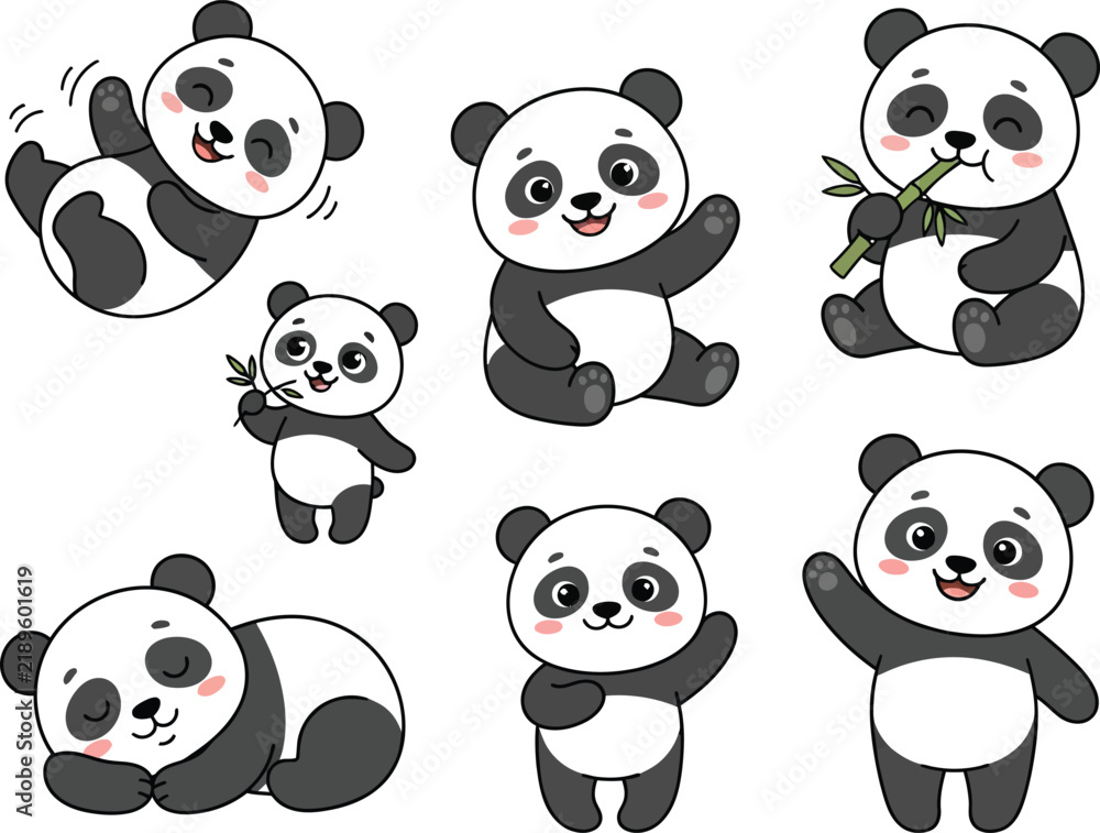 Obraz premium A collection of cute cartoon panda bears in various playful poses and activities.