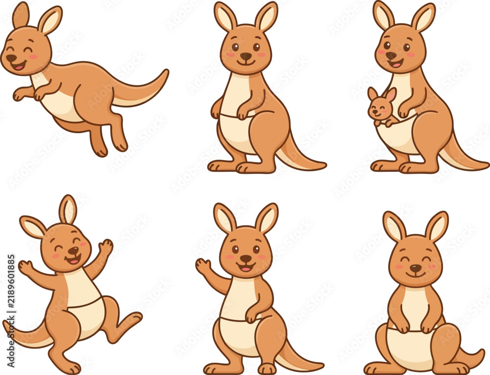 Naklejka premium Set of six cute cartoon kangaroo characters in various poses and expressions.