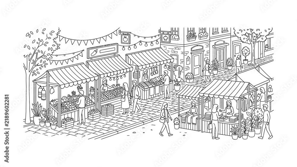 Obraz premium Hand-drawn illustration of a charming European street market scene with people browsing stalls selling fresh produce and flowers, set against quaint buildings.