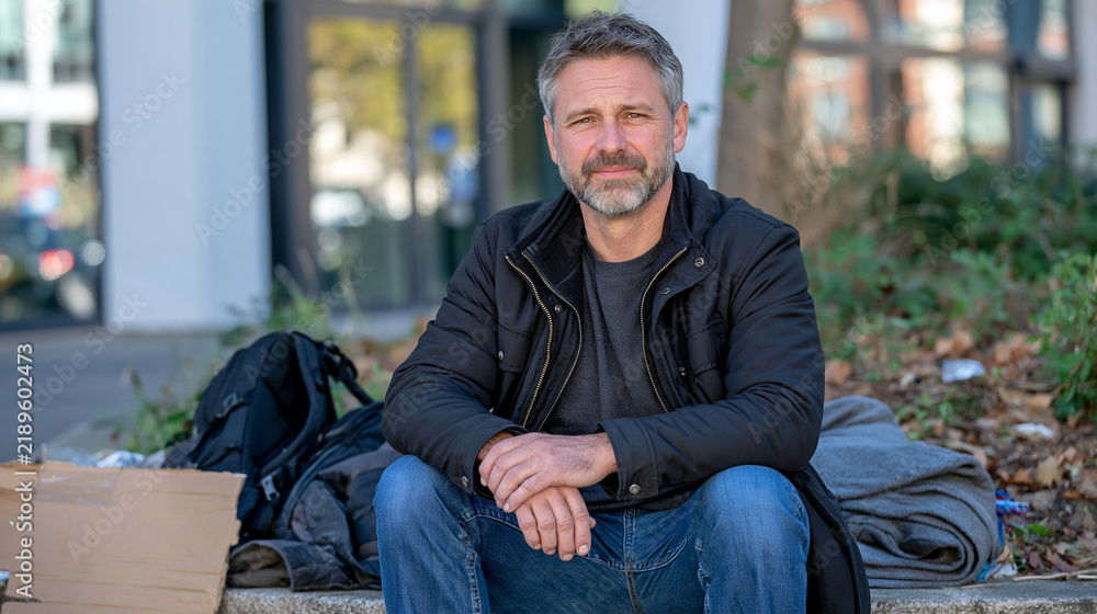 Fototapeta premium Homeless man sitting alone beside a cardboard sign on the steps of an urban building, tired but dignified expression, backpack and folded blanket nearby, poverty and housing insecurity awareness, so