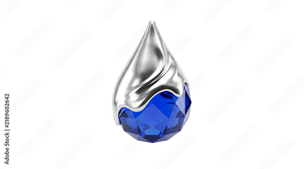 Obraz premium Blue sapphire gemstone and silver drop. Faceted crystal pendant isolated on transparent background