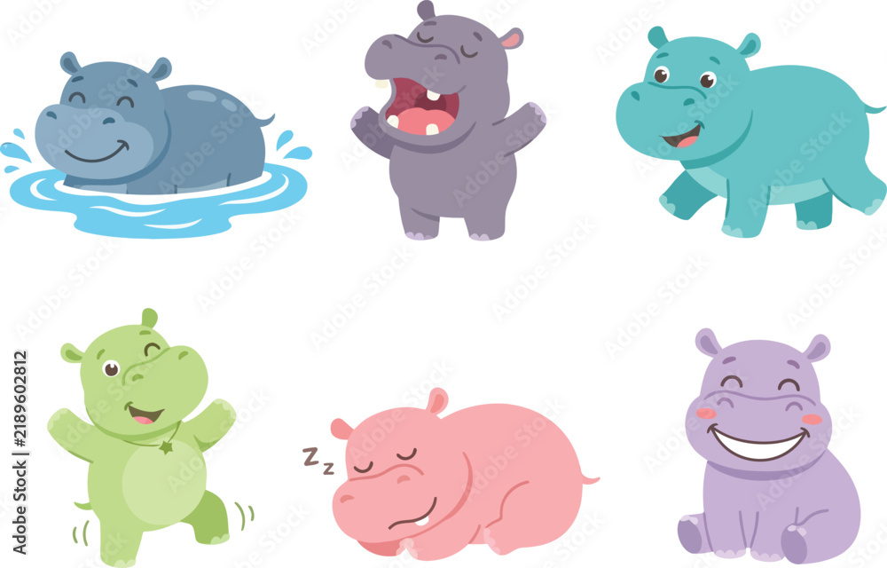 Fototapeta premium A collection of six adorable cartoon hippos in various poses and colors.