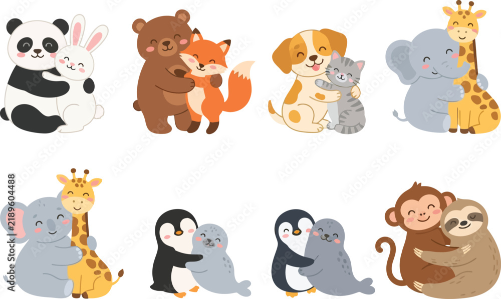 Fototapeta premium A collection of cute cartoon animals hugging each other in pairs.