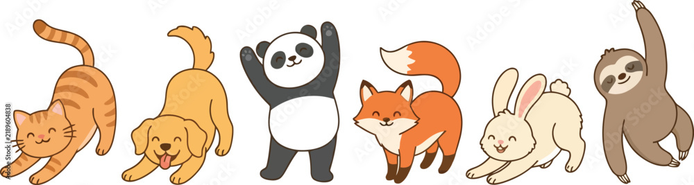 Fototapeta premium A collection of cute cartoon animals including a cat dog panda fox rabbit and sloth.