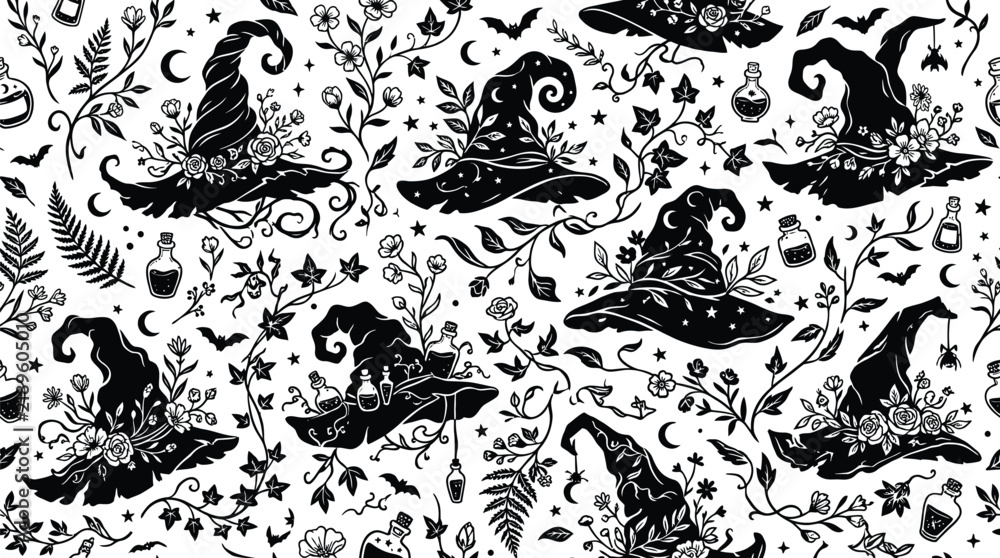 Obraz premium Seamless halloween pattern with silhouettes of witch hats and floral elements halloween seamless silhouette background wallpaper celebration illustration