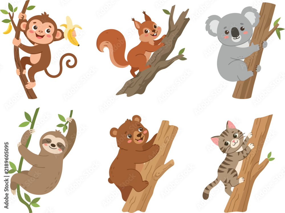 Obraz premium A collection of cute cartoon animals climbing trees including a monkey squirrel koala sloth bear and cat.
