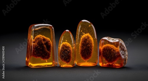 Four polished pieces of natural amber containing ancient fossilized insects isolated on a black background