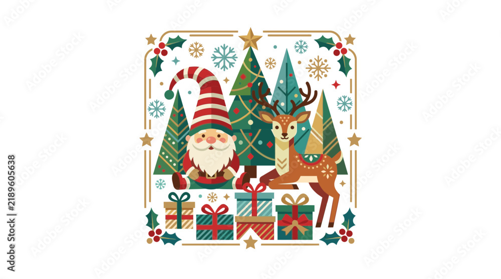 Fototapeta premium Festive Gnome and Reindeer with Gifts and Christmas Trees
