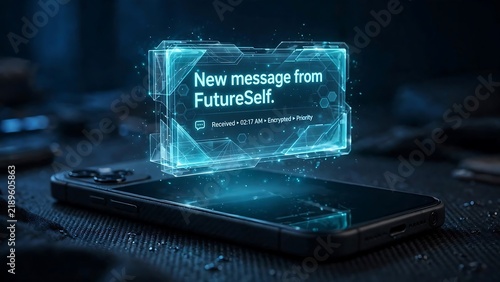 A close-up of a smartphone displaying a holographic 'New message from FutureSelf' notification.