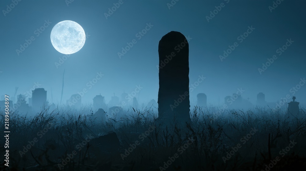 Fototapeta premium Eerie nighttime cemetery scene with tall tombstone silhouette and bright full moon shining over foggy landscape and distant city skyline
