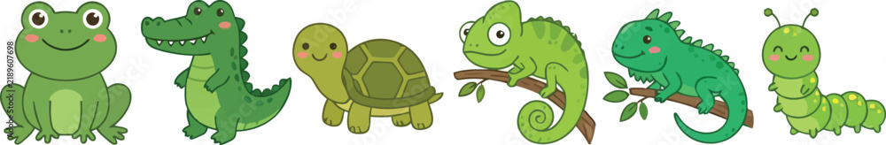 Obraz premium A collection of cute green cartoon animals including a frog crocodile turtle chameleon lizard and caterpillar.