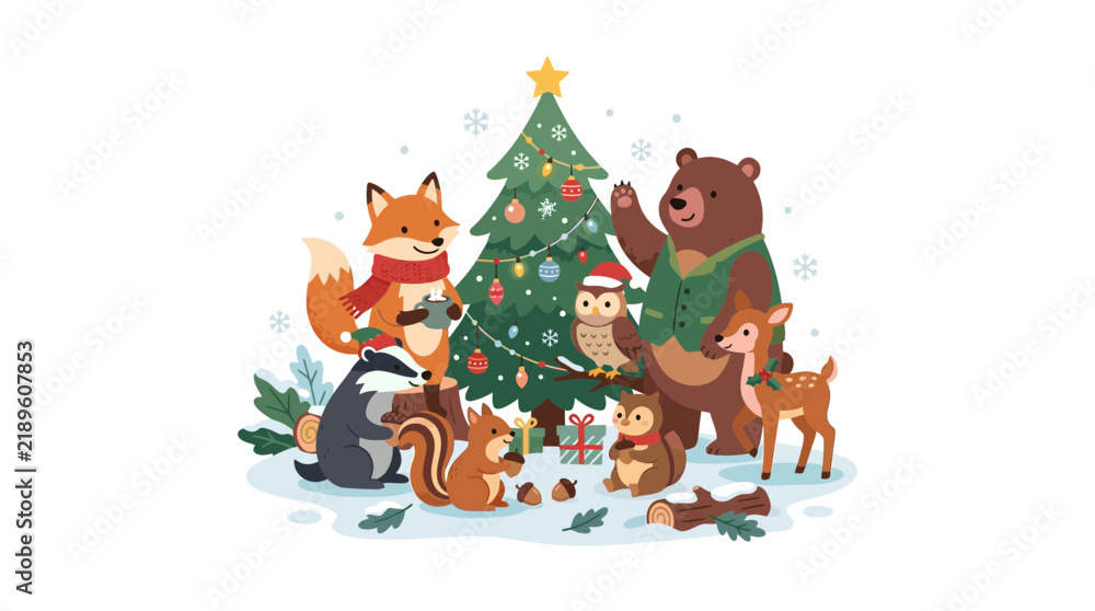 Fototapeta premium Cute Forest Animals Celebrating Christmas Together