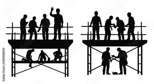 Construction workers silhouette on scaffolding against a white background