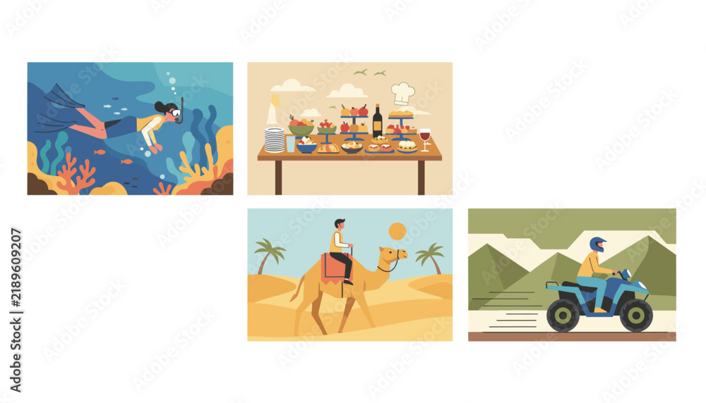 Fototapeta premium Set of four vacation travel scenes including scuba diving, beachside dining, desert camel riding, and quad biking.