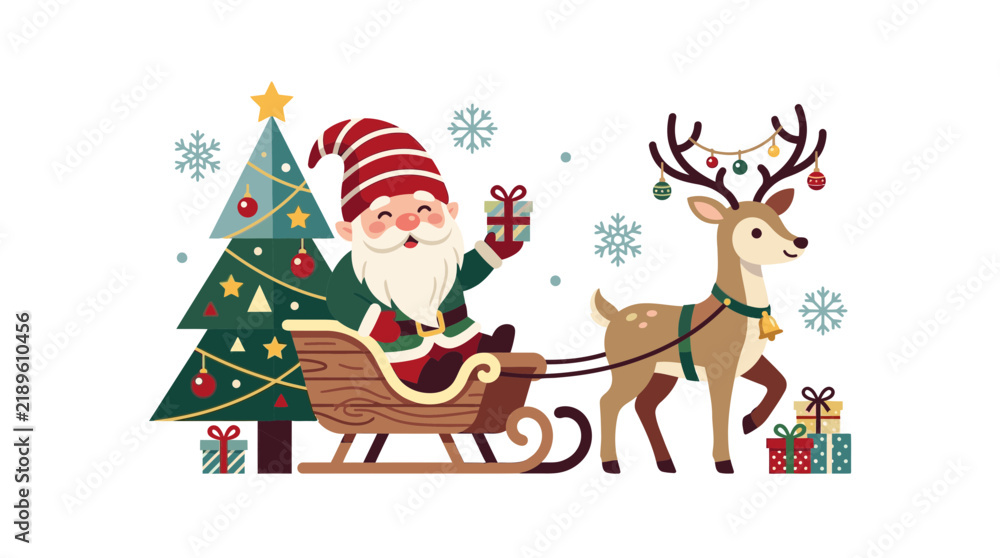 Fototapeta premium Christmas Gnome Pulling Sleigh with Reindeer and Gifts