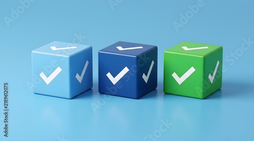 Three colorful cubes with white check marks on blue surface.