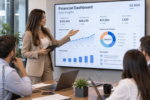 Woman Presenting Financial Dashboard and Data Insights to Team in Modern Office Meeting