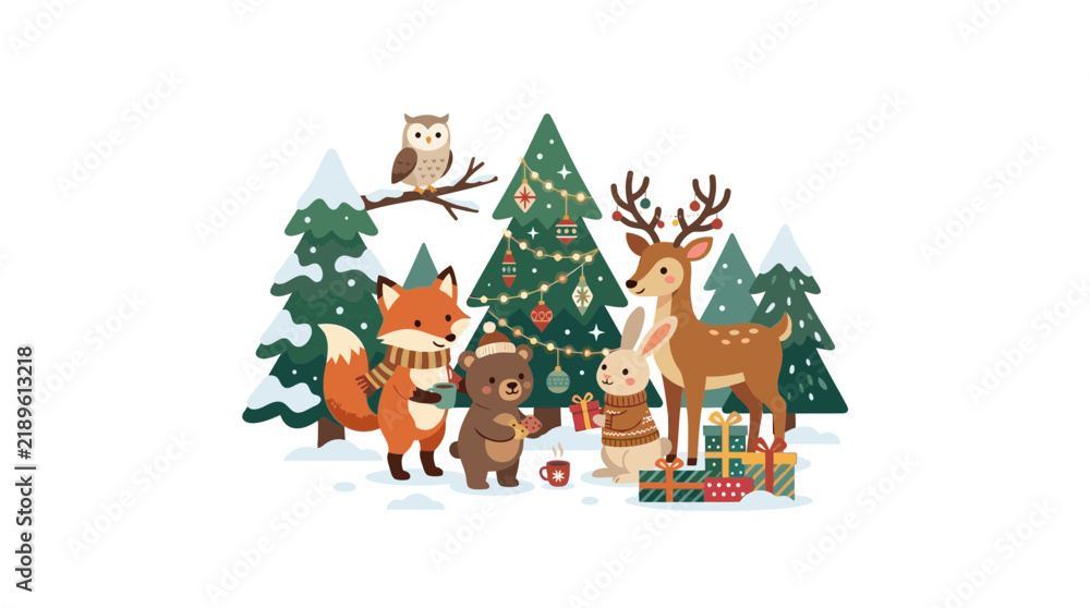 Fototapeta premium Cute Woodland Animals Celebrate Winter Holidays