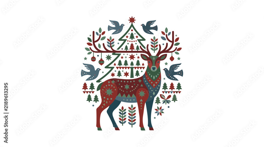 Fototapeta premium Decorative Stag with Christmas Tree and Birds Illustration