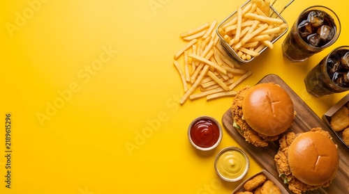 Top view of delicious fast food burgers with french fries and soda on a yellow background