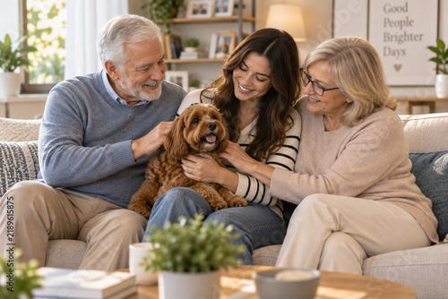 Senior Couple and Adult Daughter Playing with Small Brown Dog on Couch at Home