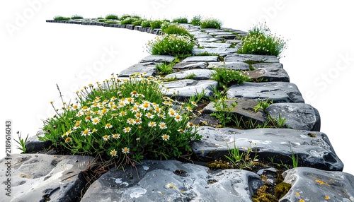Curved Stone Pathway with Blooming Daisies and Green Moss Isolated on White Background for Garden Design