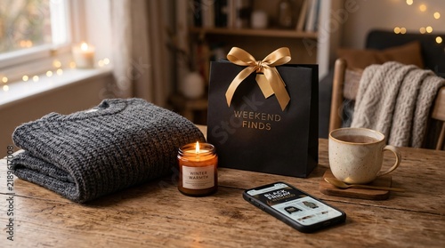Cozy Winter Shopping Scene with Sweater and Weekend Finds Bag on Wooden Table