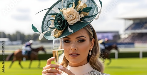 A refreshed and expressive rephrasing of close-up of elegant woman holding champagne flute, wearing extravagant Melbourne Cup fascinator hat, blurred racetrack and horses in background, glamorous fash