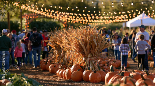 Aerial view of a festive pumpkin patch harvest festival with string lights bordering a corn maze entrance, people enjoying the outdoors with faces out of frame, golden cornstalks b