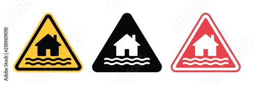 Canvas Print Flood warning symbols, hazard signs depicting houses surrounded by water waves, representing flood risk, emergency alerts, disaster awareness, and safety precautions
