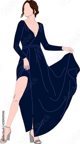 Woman in Long Gown Dress Formal Attire Clip Art Illustration, Vector SVG