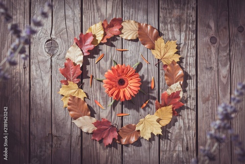 Decorative autumn leaf wreath with central orange flower on rustic wooden background colorful textured november september thanksgiving botanical composition lighting ornament