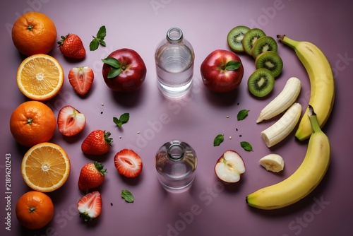 Arrangement of fresh fruits and water bottles on a flat purple background surface with strawberry nutrition vitamins colorful hydration breakfast ingredient vegetarian wellness refreshing