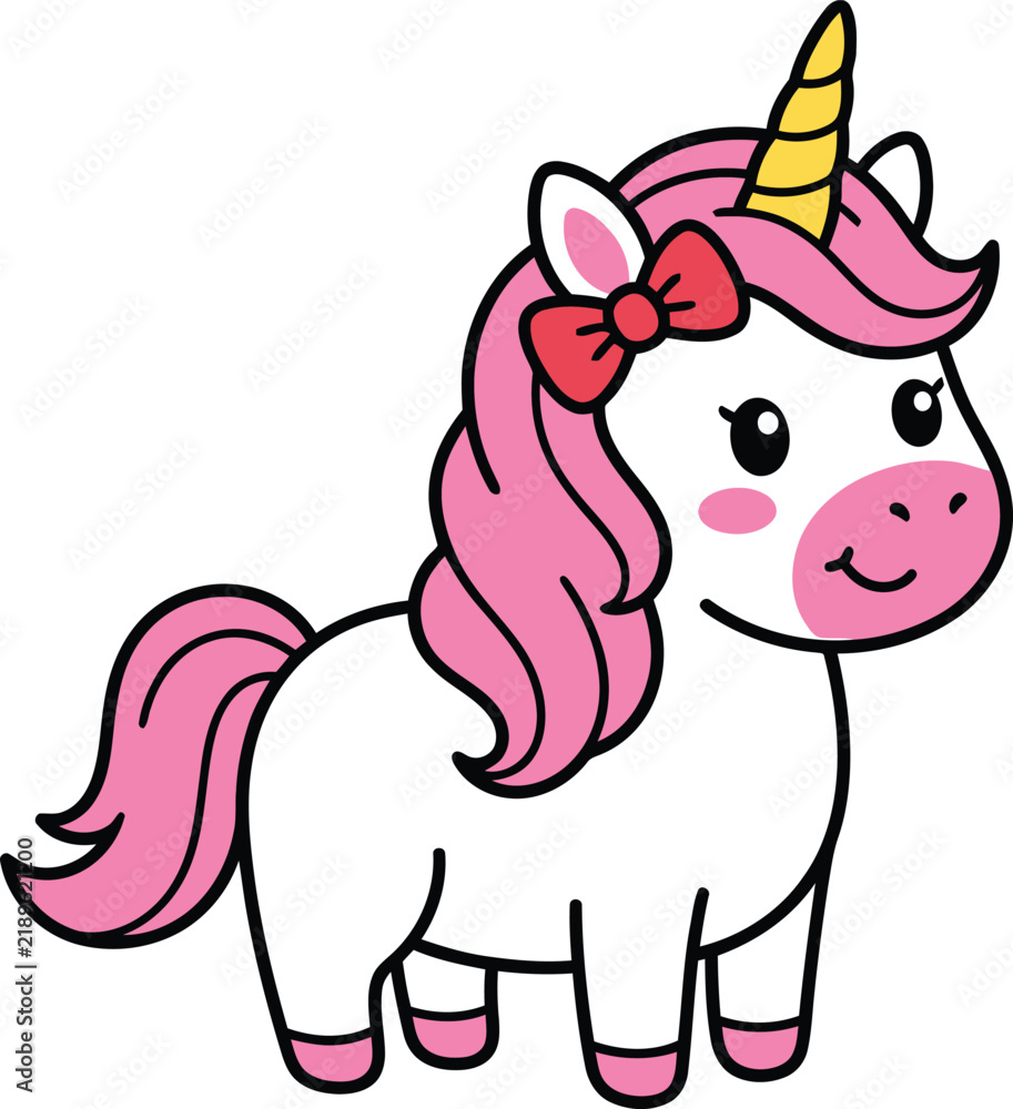 Obraz premium Cute cartoon unicorn with pink hair and a yellow horn in a simple flat style
