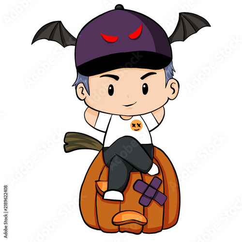 Foto Chibi boy character sotting on halloween pumpkin