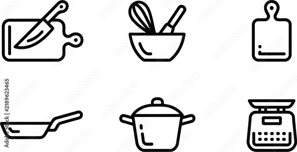 Obraz premium Kitchenware line art icon set featuring cutting board knife mixing bowl whisk skillet frying pan cooking pot and food scale.