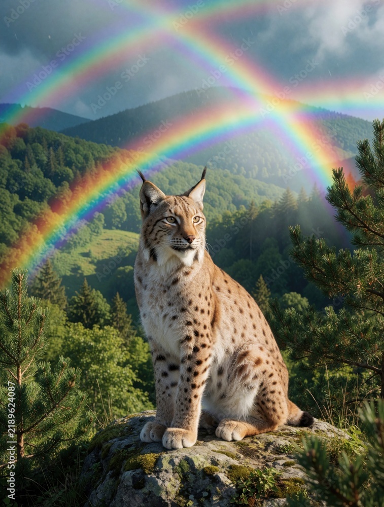 Obraz premium Eurasian lynx sits on mossy rock in forest mountains. Double rainbow arches over green landscape, trees. Wild cat looks away in fantasy nature scene. Beautiful predator rests on mountain overlook